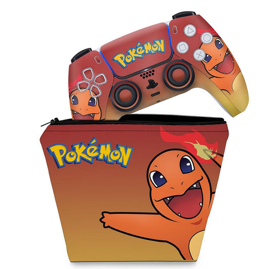 KIT Capa Case e Skin Anti-Rage PS5 Controle - Pokemon Charmander