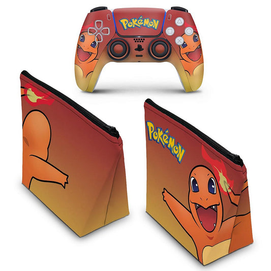 KIT Capa Case e Skin Anti-Rage PS5 Controle - Pokemon Charmander