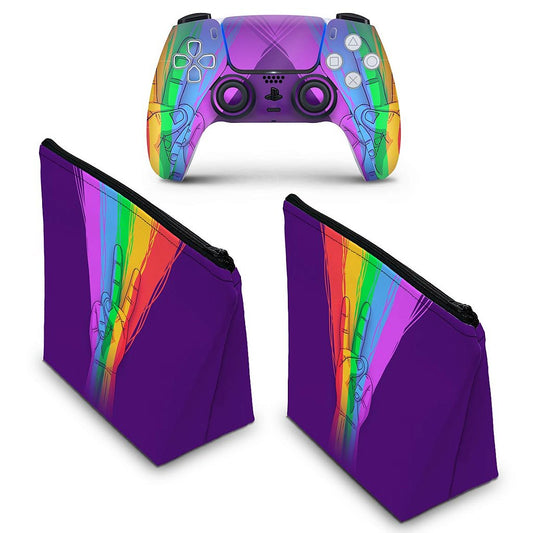 KIT Capa Case e Skin Anti-Rage PS5 Controle - Rainbow Colors Colorido