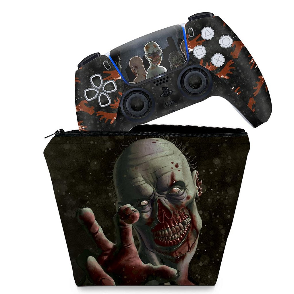 KIT Capa Case e Skin Anti-Rage PS5 Controle - Zombie Zumbi The Walking