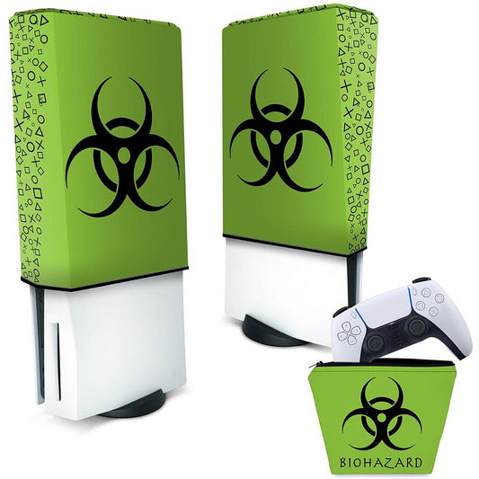 KIT Capa Anti Poeira e Case Controle PS5 Fat Vertical - Biohazard Radioativo