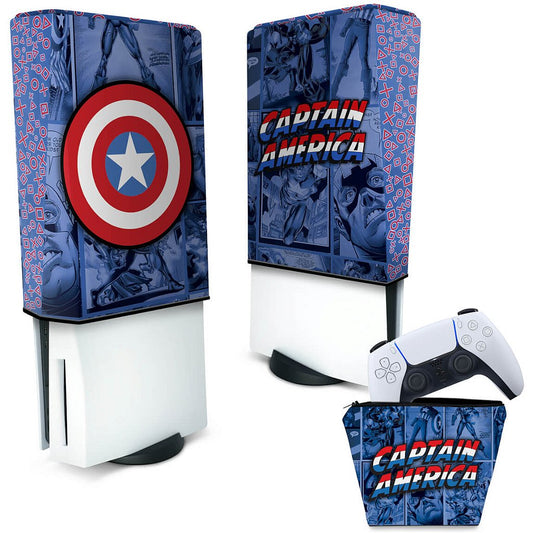 KIT Capa Anti Poeira e Case Controle PS5 Fat Vertical - Capitão América Comics