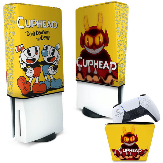 KIT Capa Anti Poeira e Case Controle PS5 Fat Vertical - Cuphead