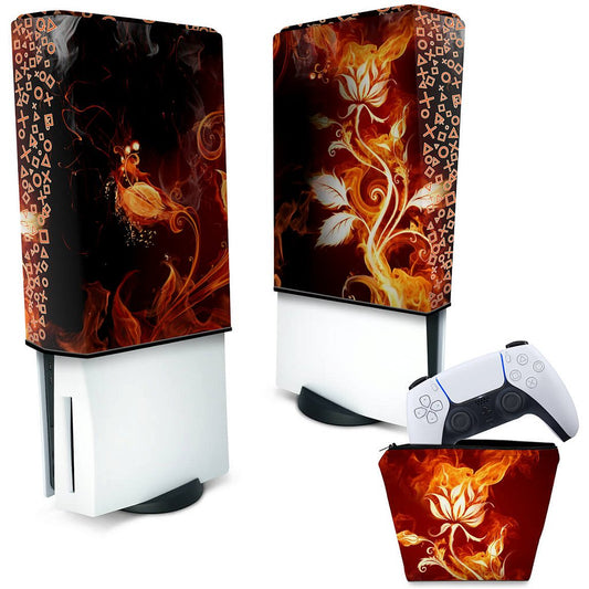 KIT Capa Anti Poeira e Case Controle PS5 Fat Vertical - Fire Flower