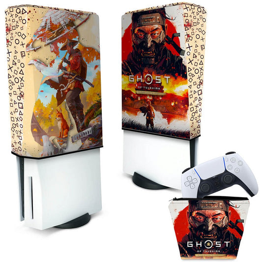 KIT Capa Anti Poeira e Case Controle PS5 Fat Vertical - Ghost Of Tsushima Director's Cut