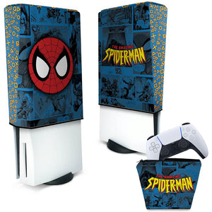 KIT Capa Anti Poeira e Case Controle PS5 Fat Vertical - Homem-Aranha Spider-Man Comics - Pop Arte Skins