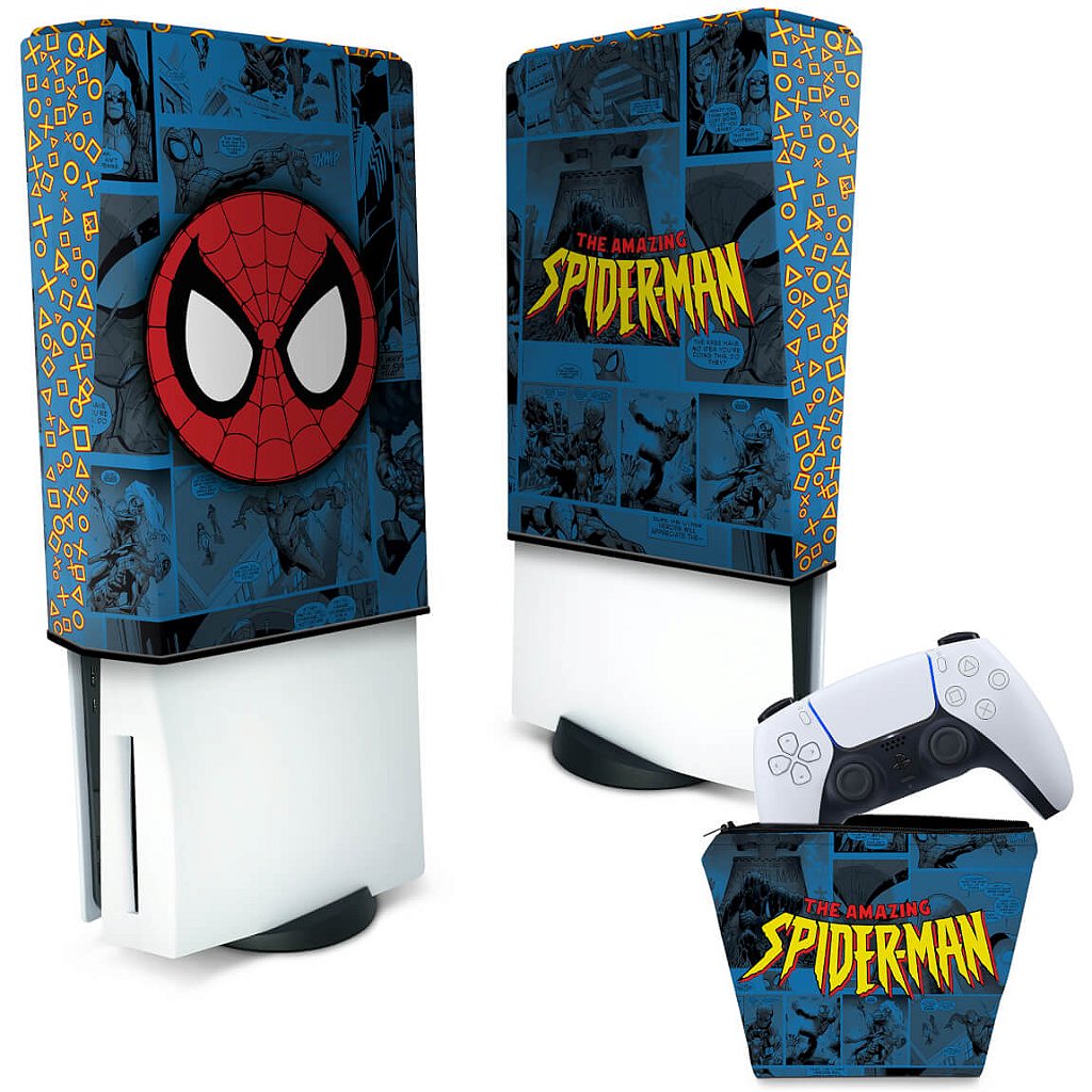 KIT Capa Anti Poeira e Case Controle PS5 Fat Vertical - Homem-Aranha Spider-Man Comics