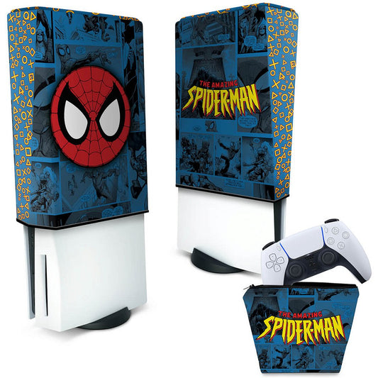 KIT Capa Anti Poeira e Case Controle PS5 Fat Vertical - Homem-Aranha Spider-Man Comics