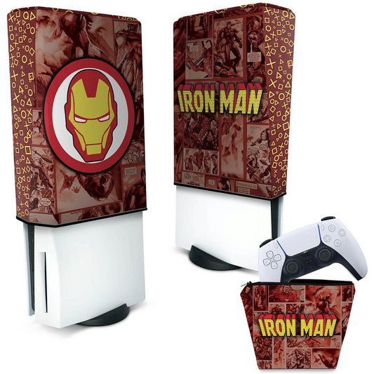 KIT Capa Anti Poeira e Case Controle PS5 Fat Vertical - Homem De Ferro Comics