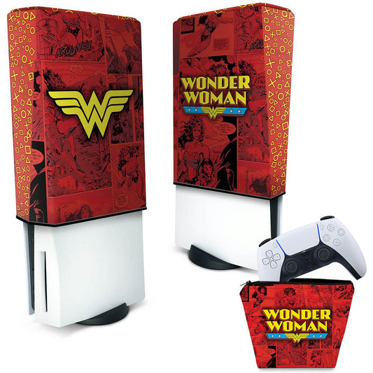 KIT Capa Anti Poeira e Case Controle PS5 Fat Vertical - Mulher Maravilha Comics