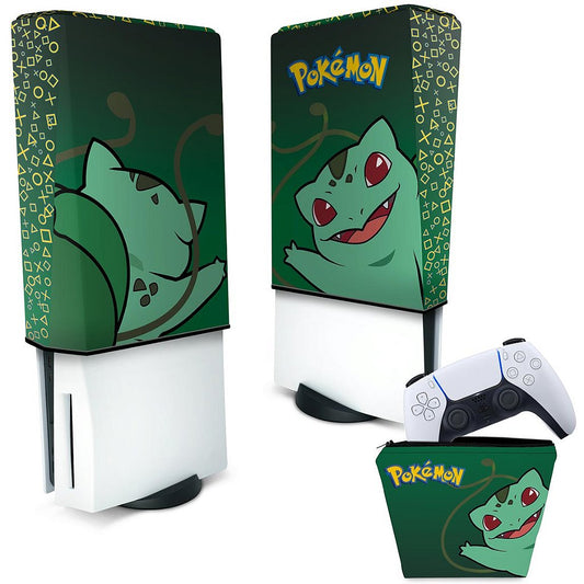 KIT Capa Anti Poeira e Case Controle PS5 Fat Vertical - Pokemon Bulbasaur