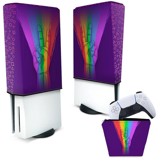 KIT Capa Anti Poeira e Case Controle PS5 Fat Vertical - Rainbow Colors Colorido