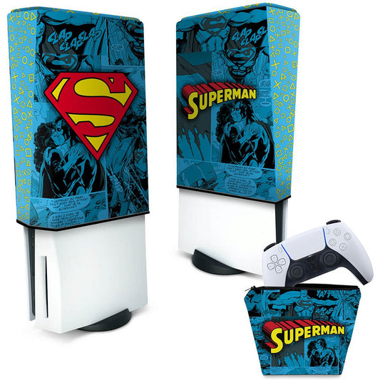 KIT Capa Anti Poeira e Case Controle PS5 Fat Vertical - Superman Comics