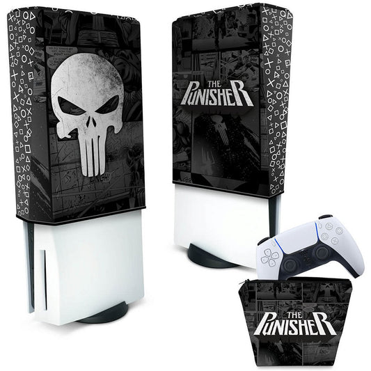 KIT Capa Anti Poeira e Case Controle PS5 Fat Vertical - The Punisher Justiceiro Comics