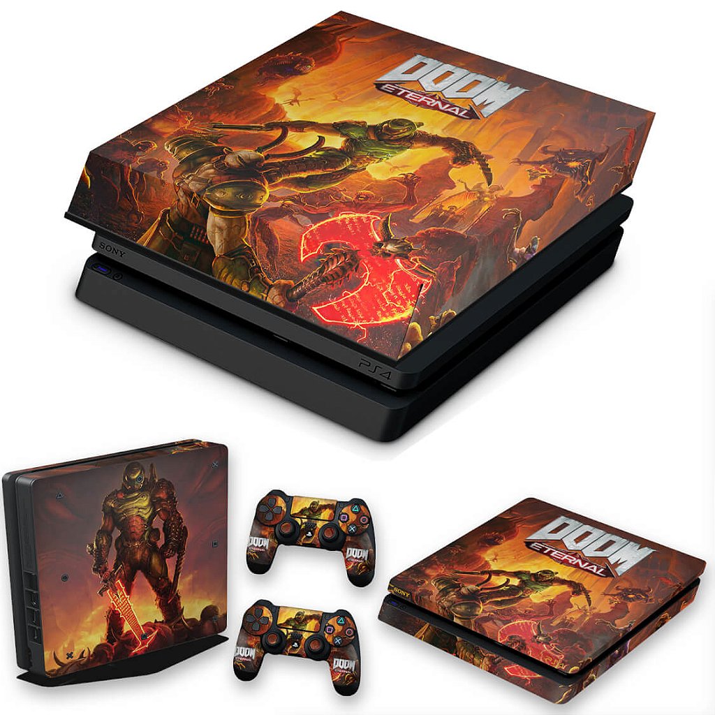 KIT PS4 Slim Skin Anti-Rage e Capa Anti Poeira - Doom Eternal