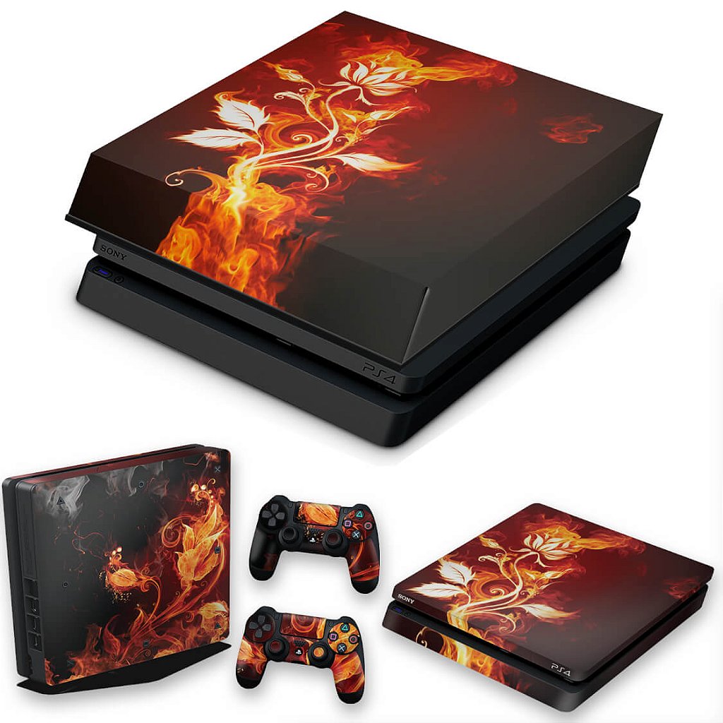 KIT Capa Anti Poeira e Skin Anti-Rage PS4 Slim - Fire Flower
