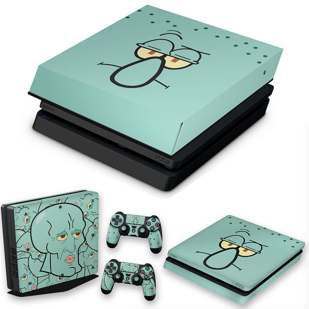 KIT PS4 Slim Skin Anti-Rage e Capa Anti Poeira - Lula Molusco Bob Esponja