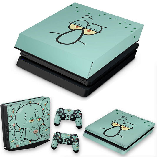 KIT PS4 Slim Skin Anti-Rage e Capa Anti Poeira - Lula Molusco Bob Esponja