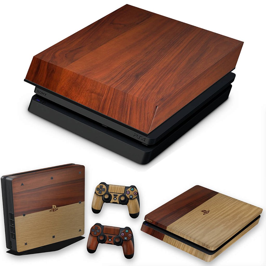 KIT Capa Anti Poeira e Skin Anti-Rage PS4 Slim - Textura Madeira