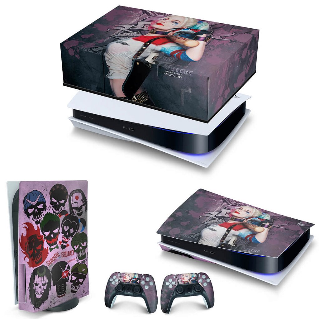 KIT Capa Anti Poeira e Skin Anti-Rage PS5 Fat Horizontal - Arlequina Harley Quinn