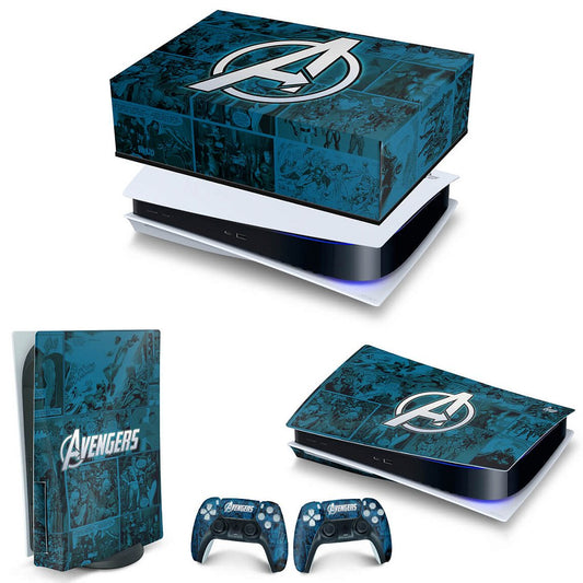 KIT Capa Anti Poeira e Skin Anti-Rage PS5 Fat Horizontal - Avengers Vingadores Comics