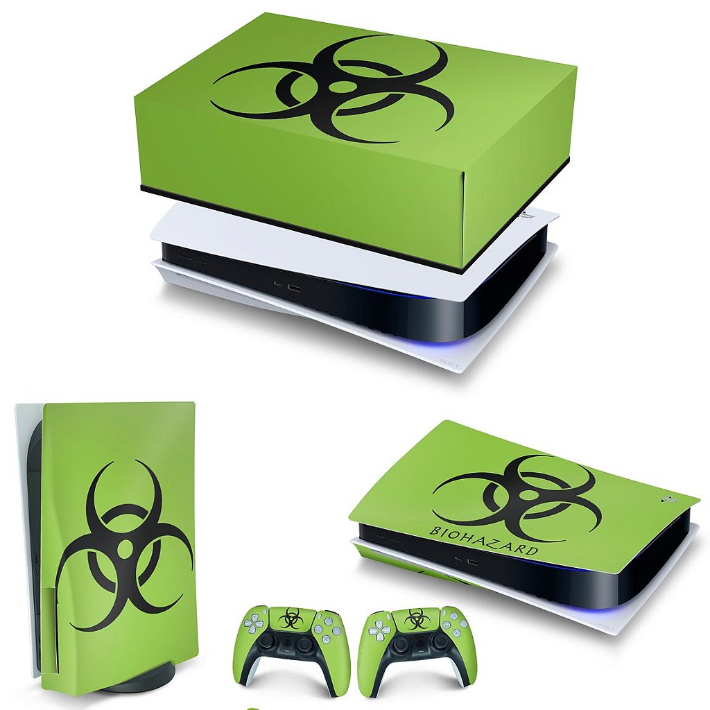 KIT Capa Anti Poeira e Skin Anti-Rage PS5 Fat Horizontal - Biohazard Radioativo - Pop Arte Skins