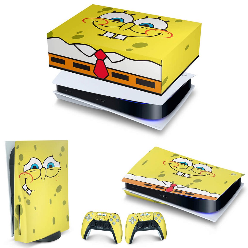 KIT Capa Anti Poeira e Skin Anti-Rage PS5 Fat Horizontal - Bob Esponja