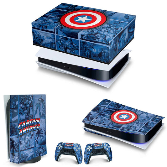 KIT Capa Anti Poeira e Skin Anti-Rage PS5 Fat Horizontal - Capitão América Comics