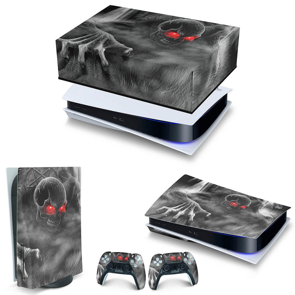 KIT Capa Anti Poeira e Skin Anti-Rage PS5 Fat Horizontal - Caveira Skull