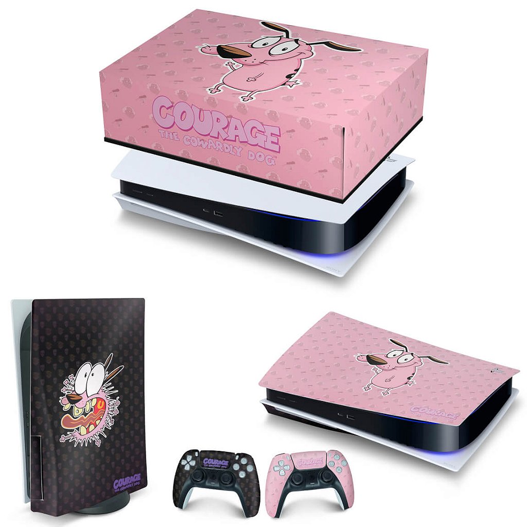 KIT Capa Anti Poeira e Skin Anti-Rage PS5 Fat Horizontal - Coragem: O Cão Covarde