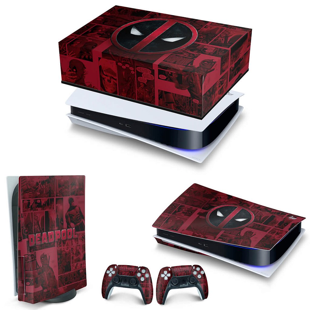 KIT Capa Anti Poeira e Skin Anti-Rage PS5 Fat Horizontal - Deadpool Comics