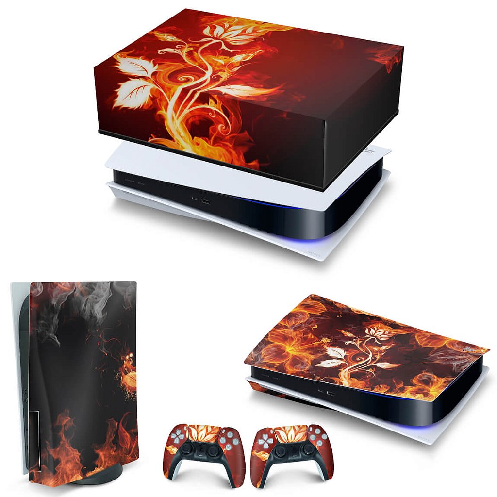 KIT Capa Anti Poeira e Skin Anti-Rage PS5 Fat Horizontal - Fire Flower - Pop Arte Skins