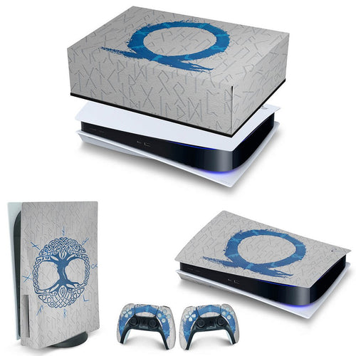 KIT Capa Anti Poeira e Skin Anti-Rage PS5 Fat Horizontal - God Of War Ragnarok