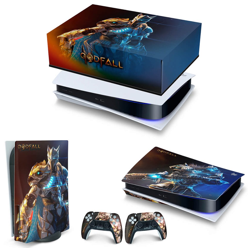 KIT Capa Anti Poeira e Skin Anti-Rage PS5 Fat Horizontal - Godfall
