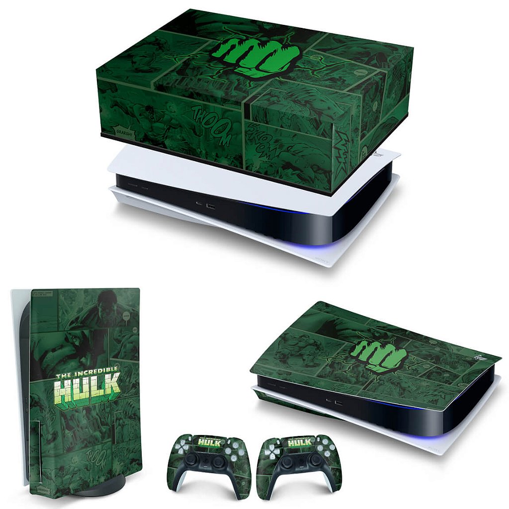 KIT Capa Anti Poeira e Skin Anti-Rage PS5 Fat Horizontal - Hulk Comics - Pop Arte Skins