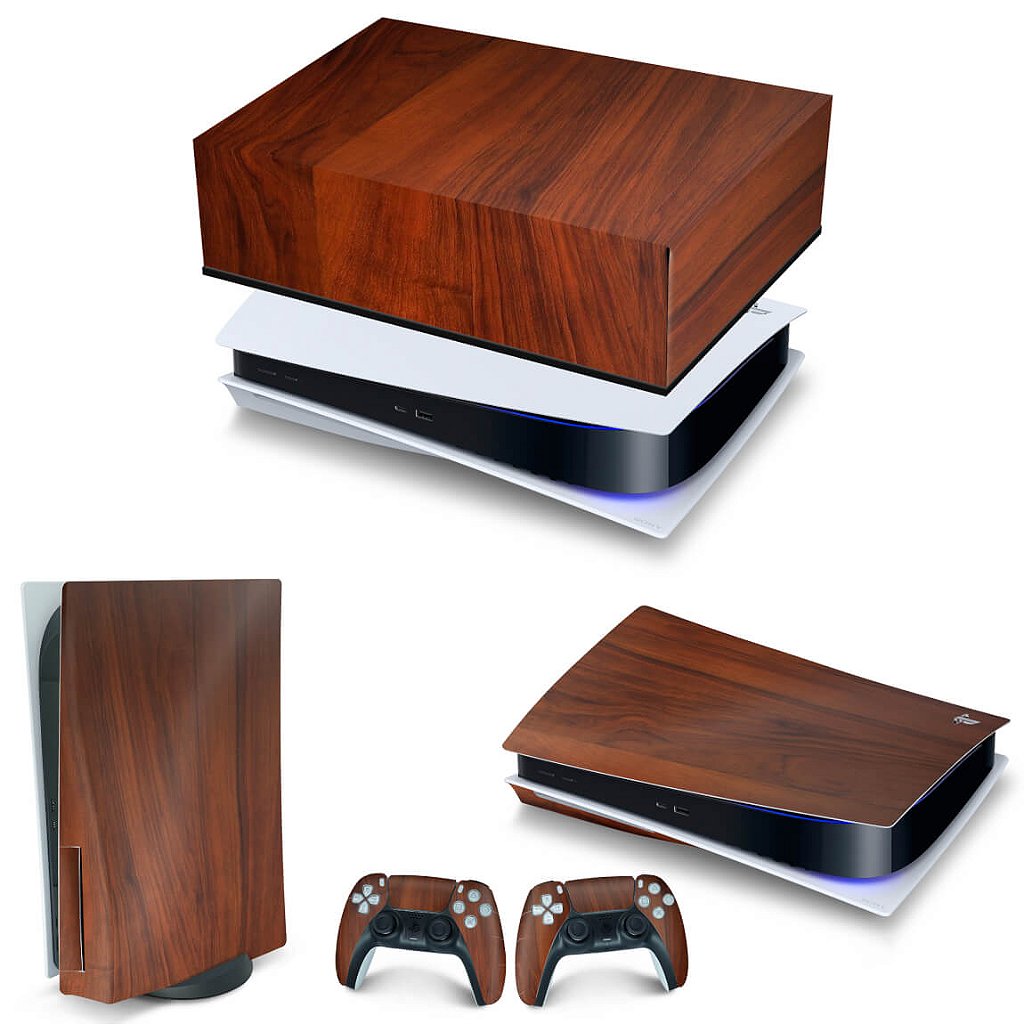 KIT Capa Anti Poeira e Skin Anti-Rage PS5 Fat Horizontal - Madeira - Pop Arte Skins