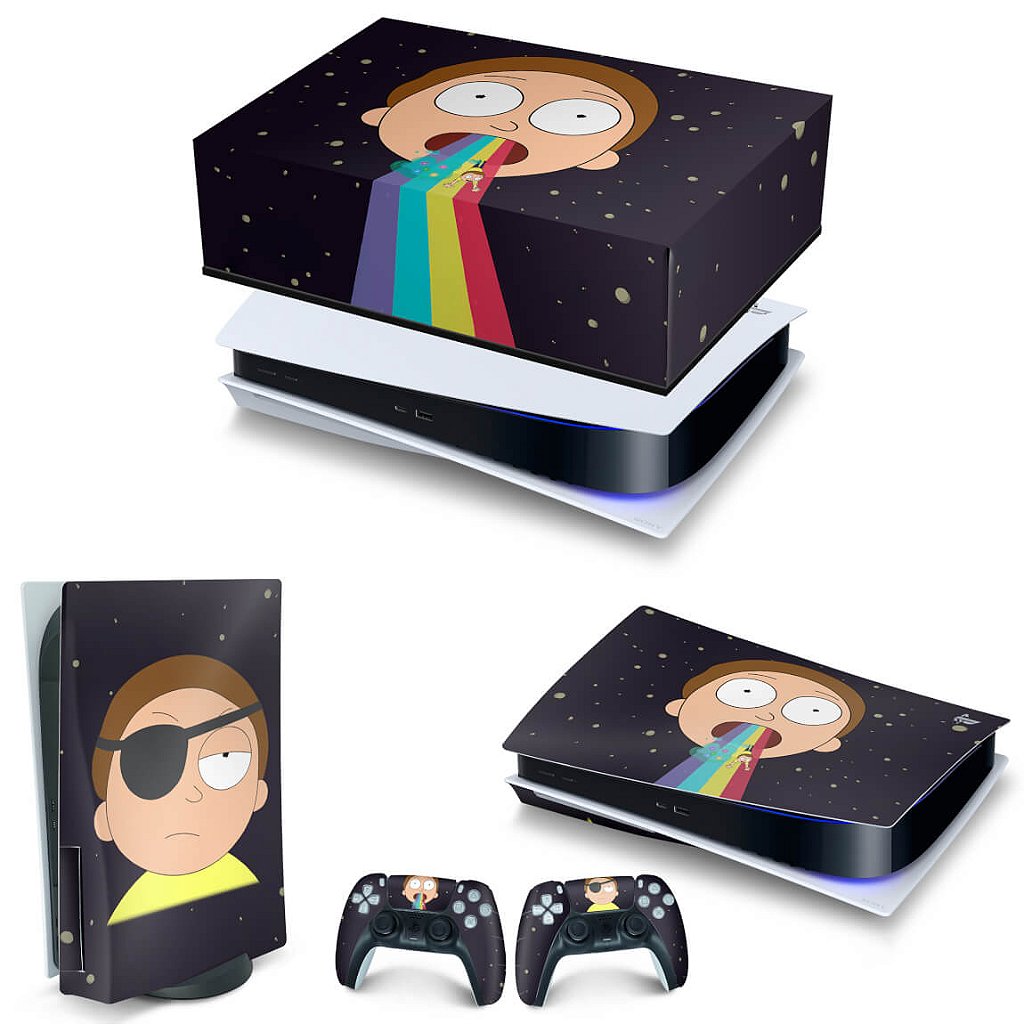 KIT Capa Anti Poeira e Skin Anti-Rage PS5 Fat Horizontal - Morty Rick And Morty