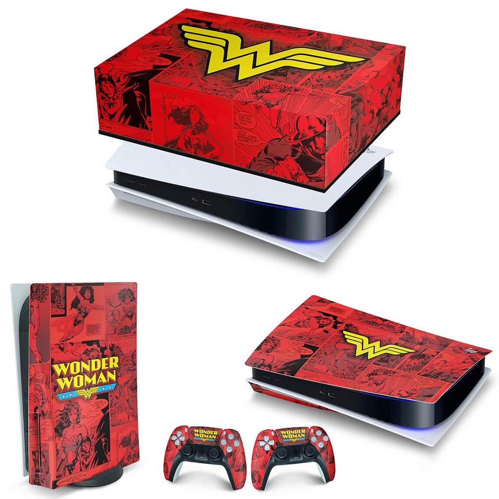 KIT Capa Anti Poeira e Skin Anti-Rage PS5 Fat Horizontal - Mulher Maravilha Comics