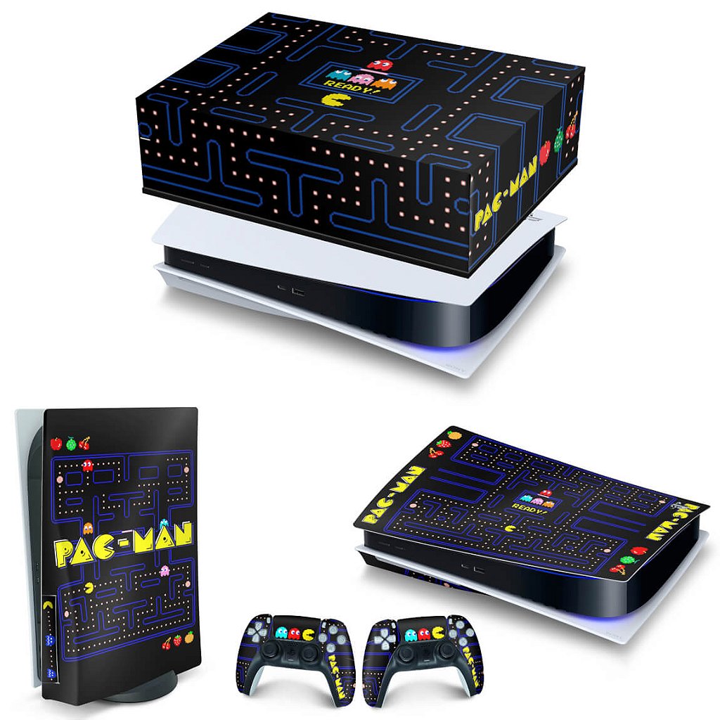 KIT Capa Anti Poeira e Skin Anti-Rage PS5 Fat Horizontal - Pac Man - Pop Arte Skins