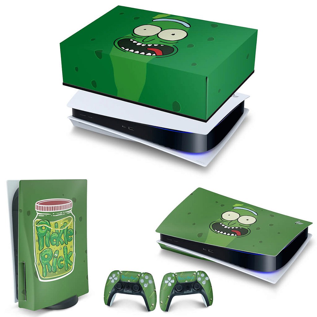 KIT Capa Anti Poeira e Skin Anti-Rage PS5 Fat Horizontal - Pickle Rick And Morty