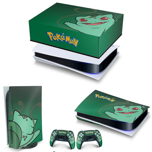 KIT Capa Anti Poeira e Skin Anti-Rage PS5 Fat Horizontal - Pokemon Bulbasaur