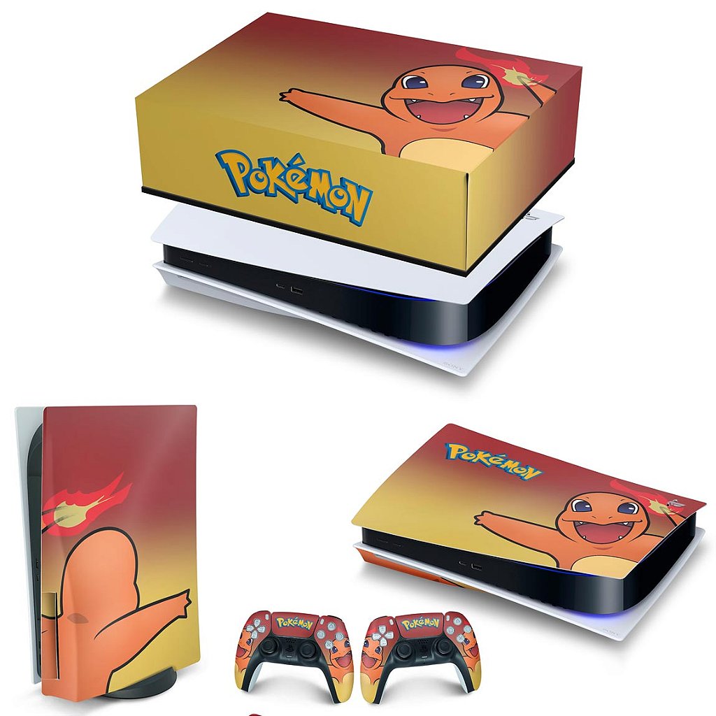 KIT Capa Anti Poeira e Skin Anti-Rage PS5 Fat Horizontal - Pokemon Charmander
