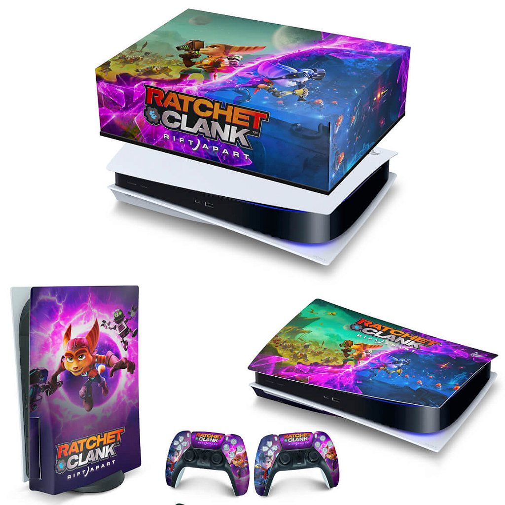 KIT Capa Anti Poeira e Skin Anti-Rage PS5 Fat Horizontal - Ratchet & Clank Rift Apart