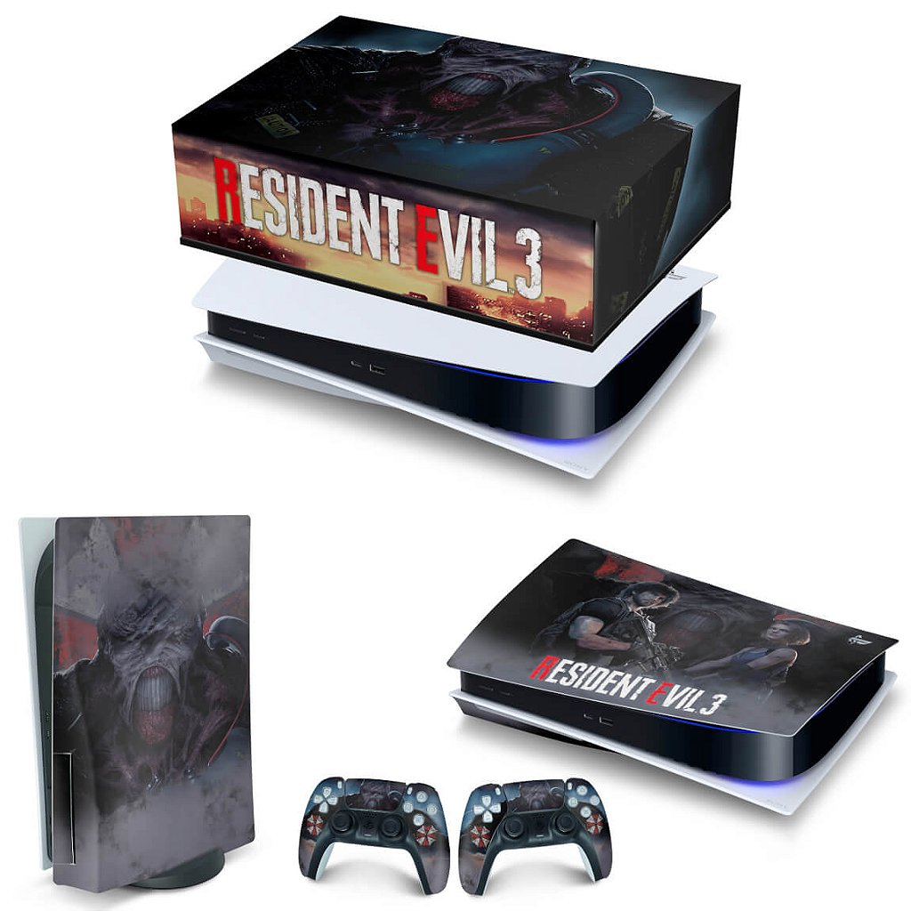 KIT Capa Anti Poeira e Skin Anti-Rage PS5 Fat Horizontal - Resident Evil 3 Remake