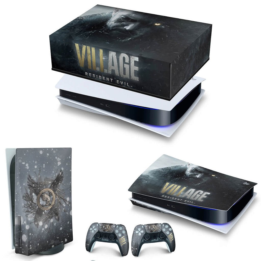 KIT Capa Anti Poeira e Skin Anti-Rage PS5 Fat Horizontal - Resident Evil Village