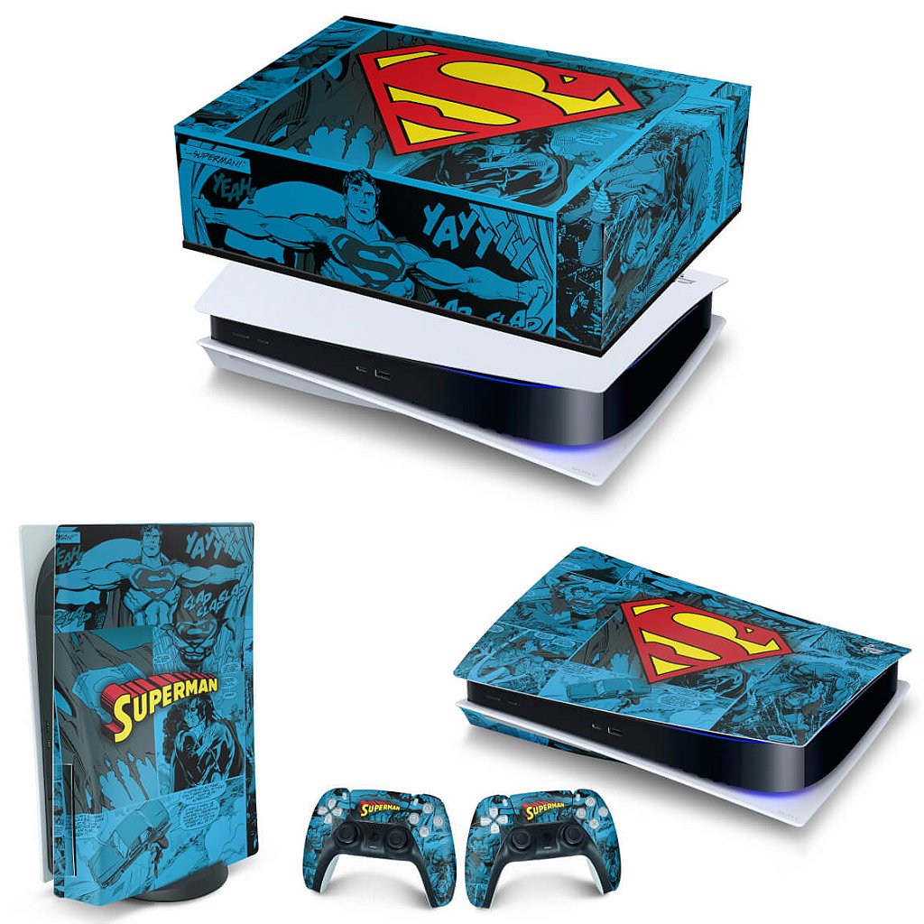 KIT Capa Anti Poeira e Skin Anti-Rage PS5 Fat Horizontal - Superman Comics - Pop Arte Skins