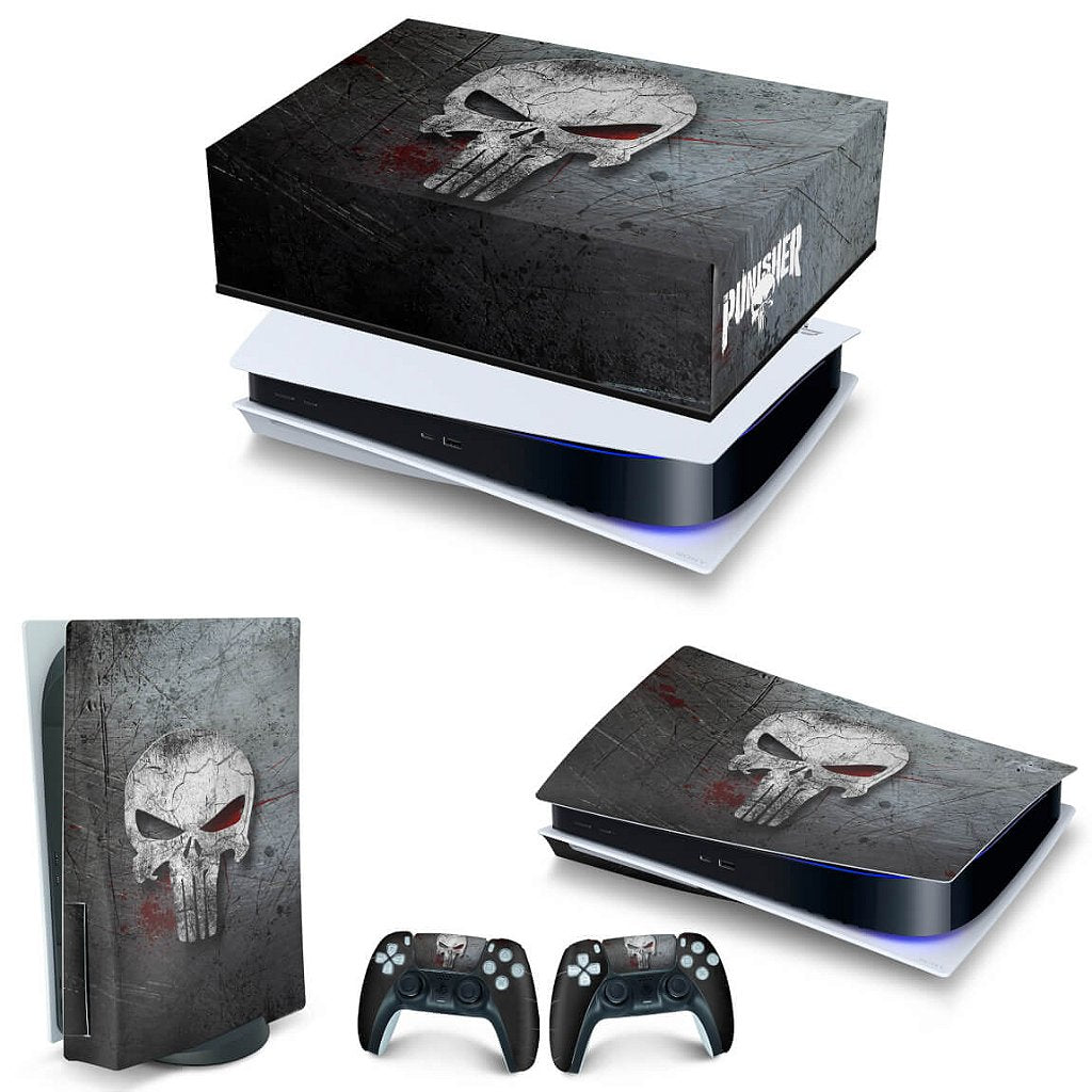 KIT Capa Anti Poeira e Skin Anti-Rage PS5 Fat Horizontal - The Punisher Justiceiro