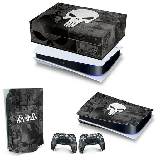 KIT Capa Anti Poeira e Skin Anti-Rage PS5 Fat Horizontal - The Punisher Justiceiro Comics