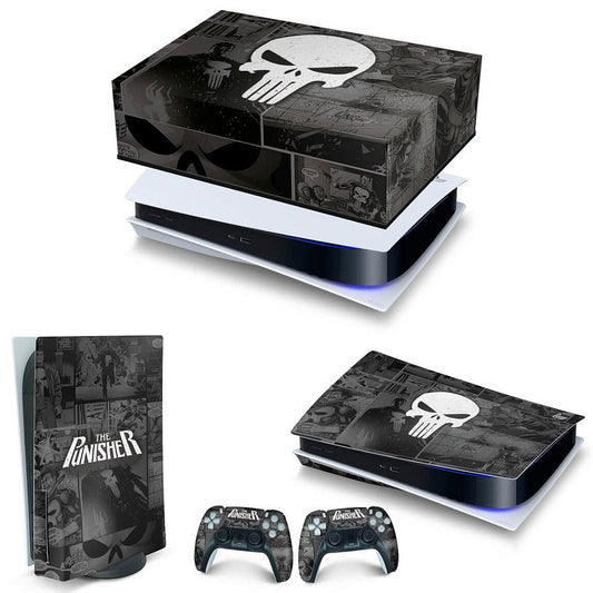 KIT Capa Anti Poeira e Skin Anti-Rage PS5 Fat Horizontal - The Punisher Justiceiro Comics