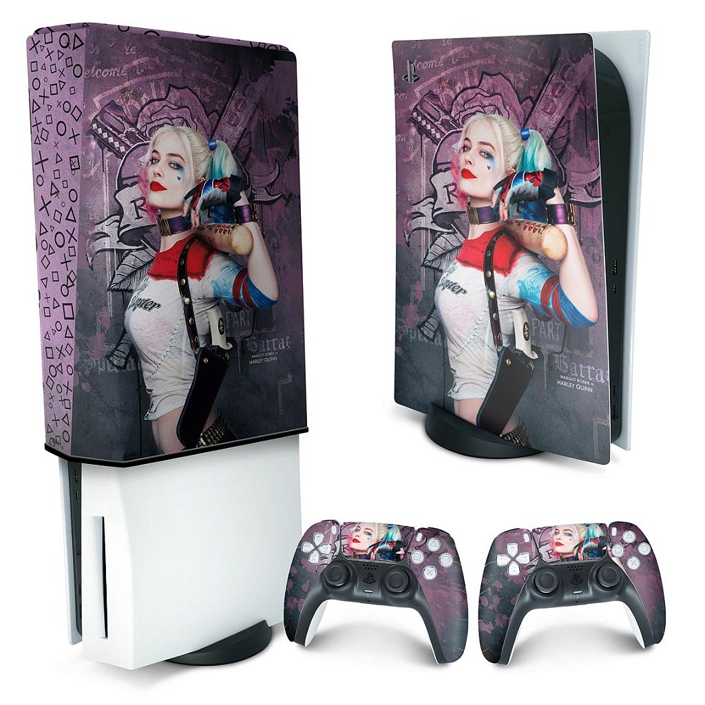 KIT Capa Anti Poeira e Skin Anti-Rage PS5 Fat Vertical - Arlequina Harley Quinn